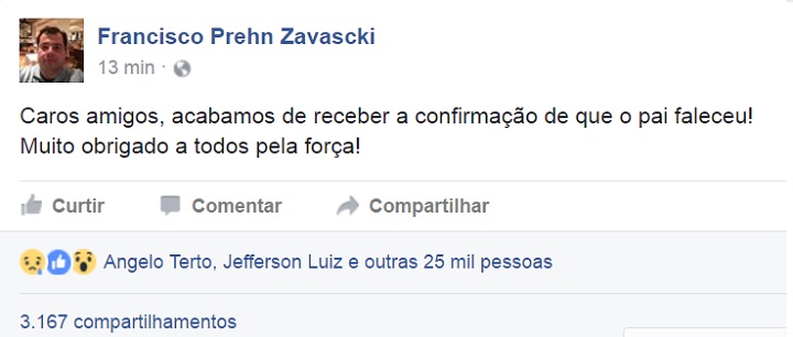No Facebook, filho de Teori Zavascki confirma que ministro estava no avião que caiu em Paraty (RJ) - Foto: Reprodução/Facebook